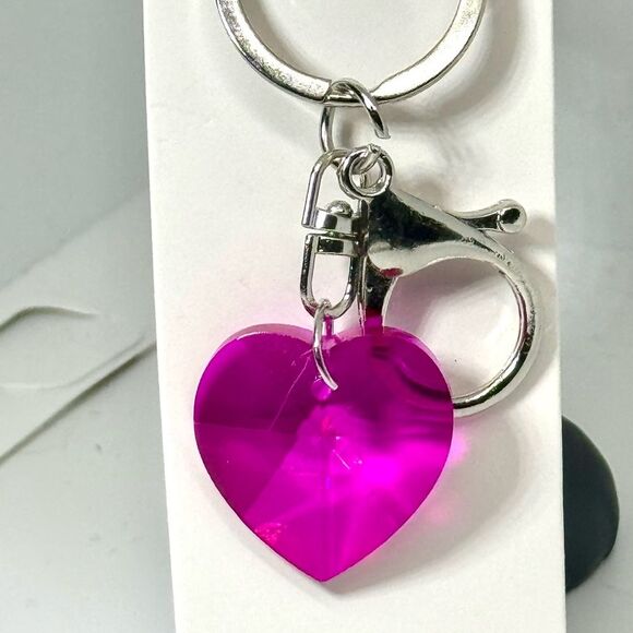 Pink Crystal Heart Keychain Charm -  Silver Accent - Picture 3 of 3